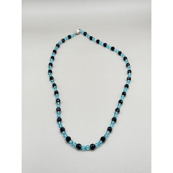 Vintage Turquoise & Black Glass Bead Necklace w/Sterling Silver Clasp - Picture 3 of 11